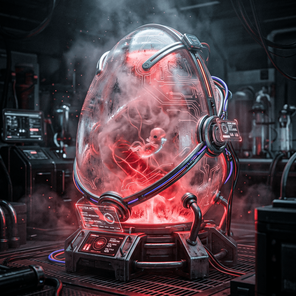 Artificial embryo suspended in a high-tech incubator pod with glowing circuits and digital screens in a laboratory