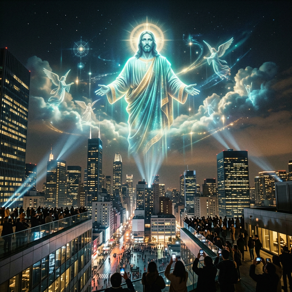 Glowing figure of Jesus with outstretched arms and angels above a city skyline at night