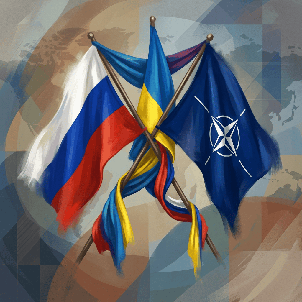 Russian, Ukrainian, NATO, and white flags crossed over a world map